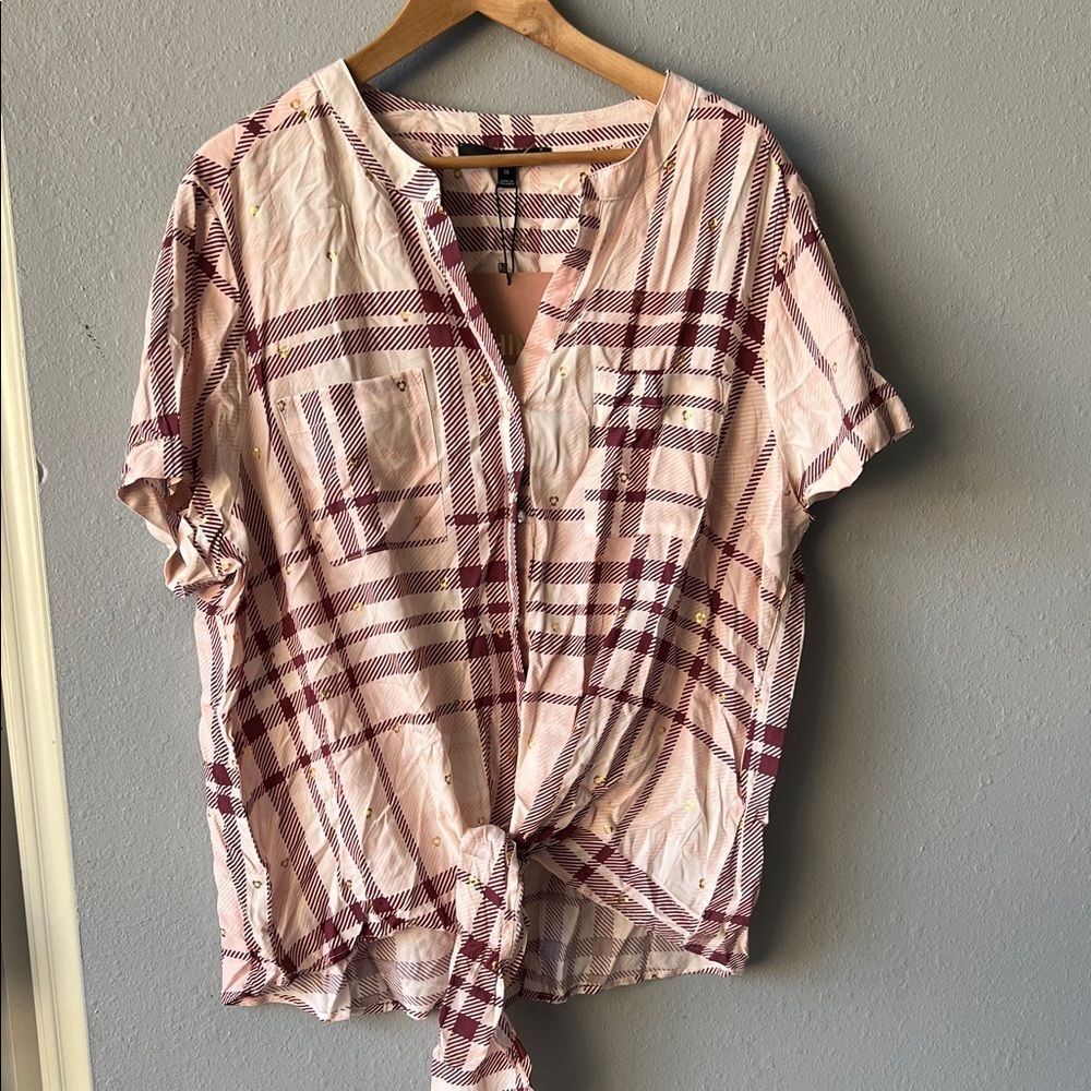 Harve Benard Pink and Burgundy Plaid Tie-Front Top